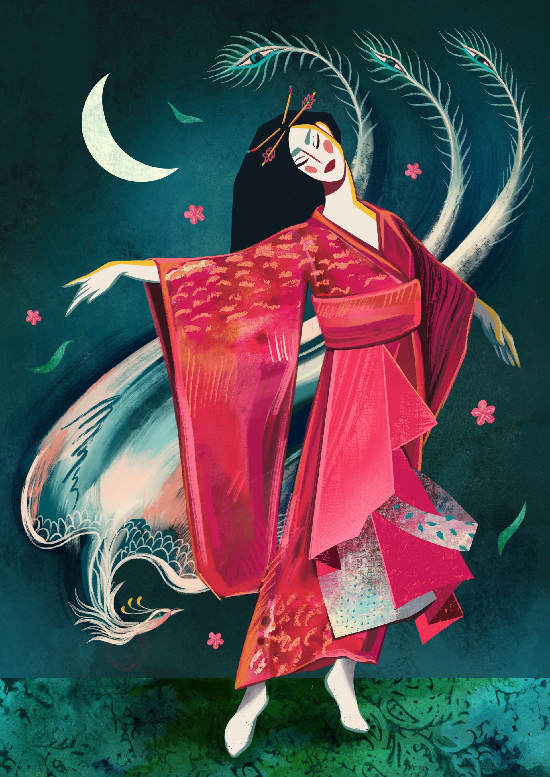 Illustration femme et oiseau d'argent sous la lune, Japonisme