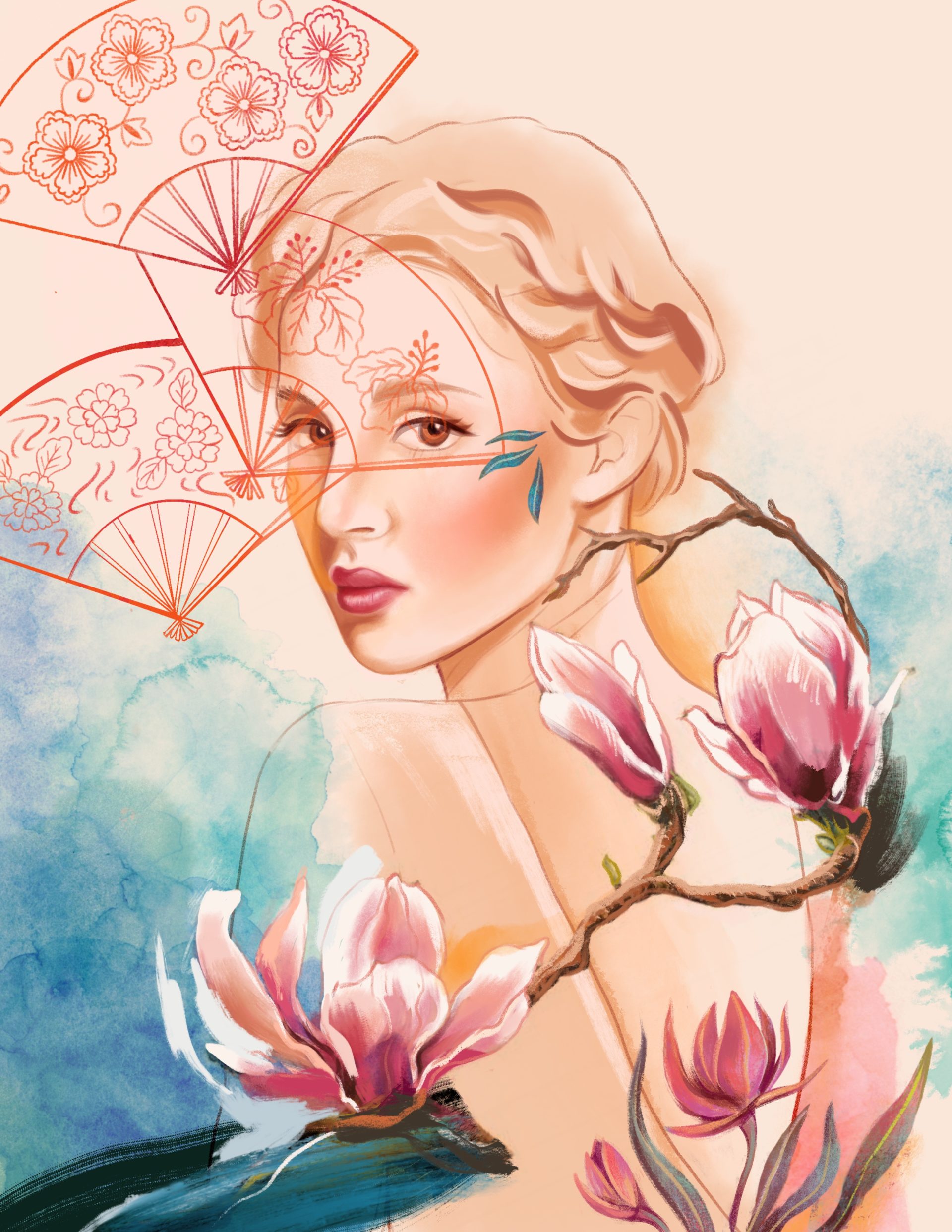 Illustration portrait woman, magnolia and fans